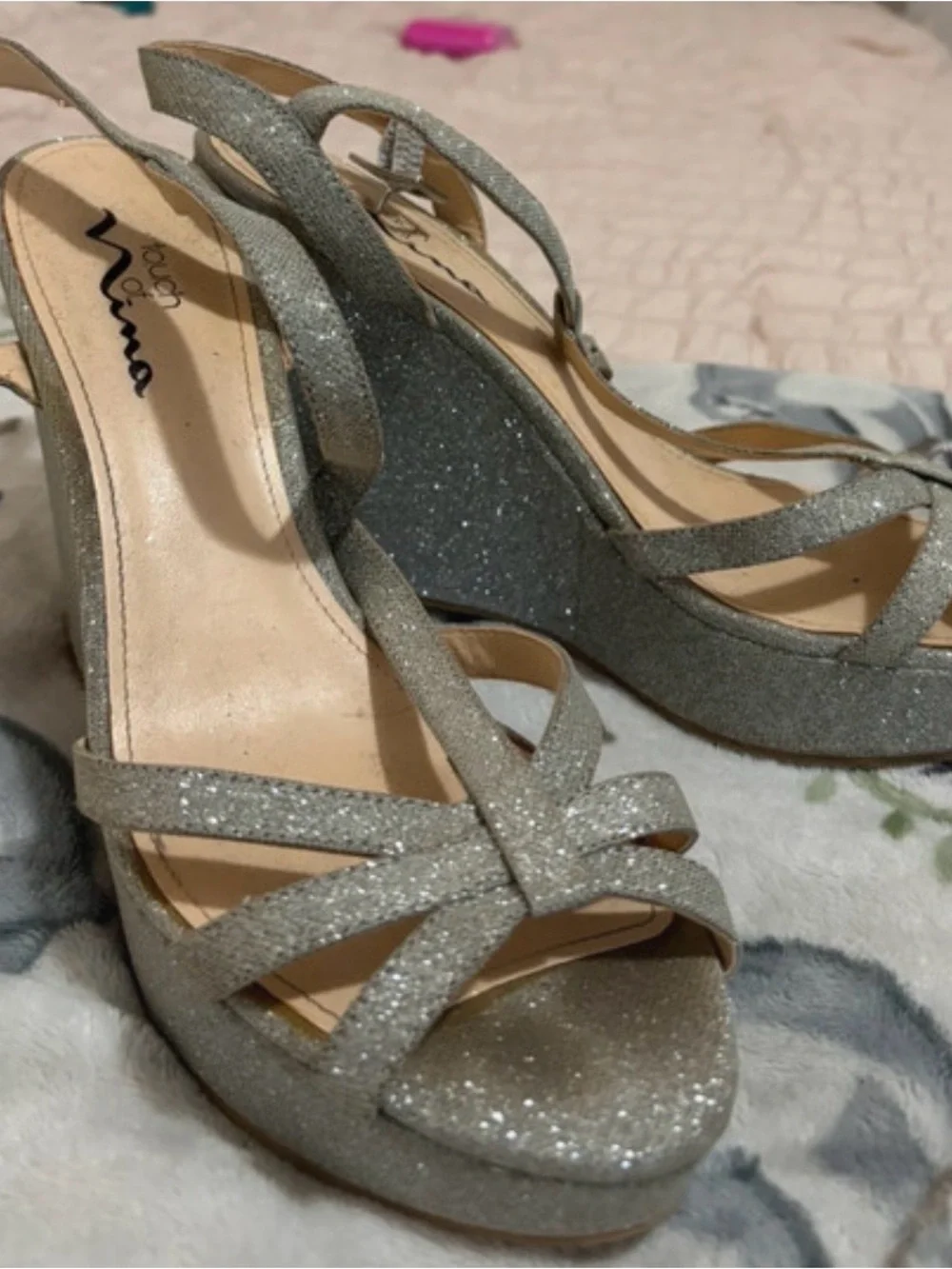 Nina Silver Glitter Strappy Wedge Sandals